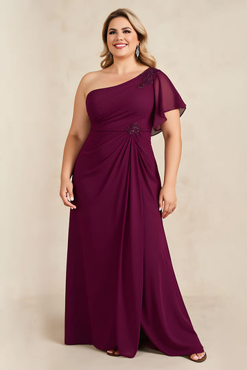 Fourreau bordeaux en mousseline de soie une épaule longue mère de la mariée robe avec perles